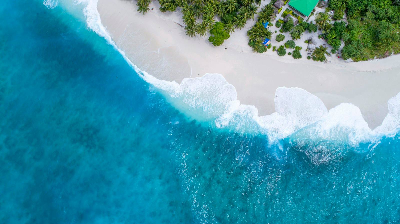 Surf meeting a white beach, seen from above
